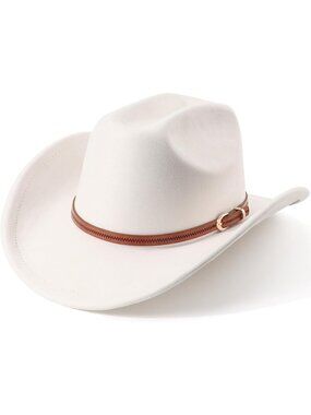 Unisex Beige Pull-On Classic Felt Wide Brim with Belt Buckle Western Cowboy Hat